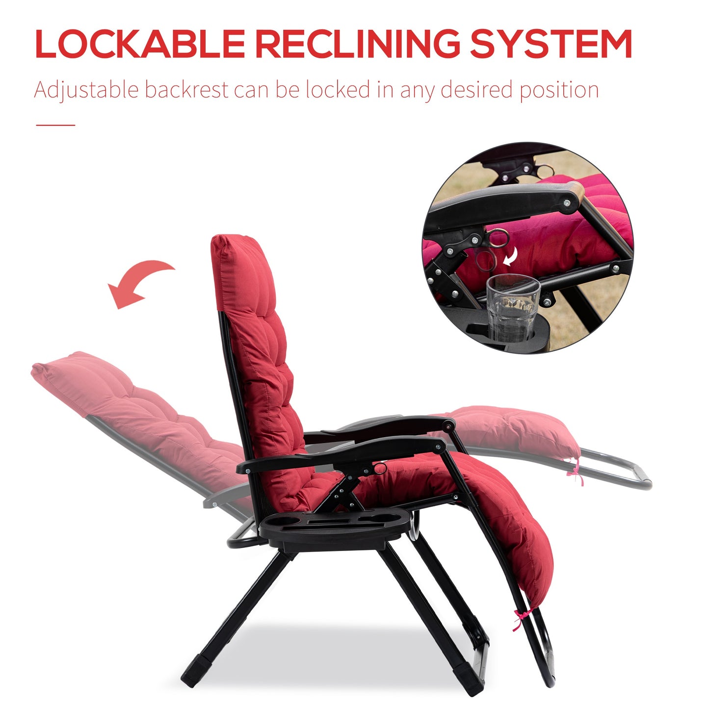 Padded Zero Gravity Chair, Folding Recliner Chair With Cup Holder Cushion, Red