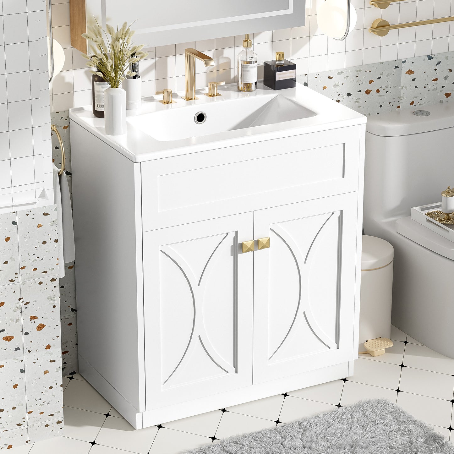 30 Bathroom Vanity With Ceramic Sink Combo, Modern Freestanding Storage Cabinet With Gold Handles,Soft Closing Doors
