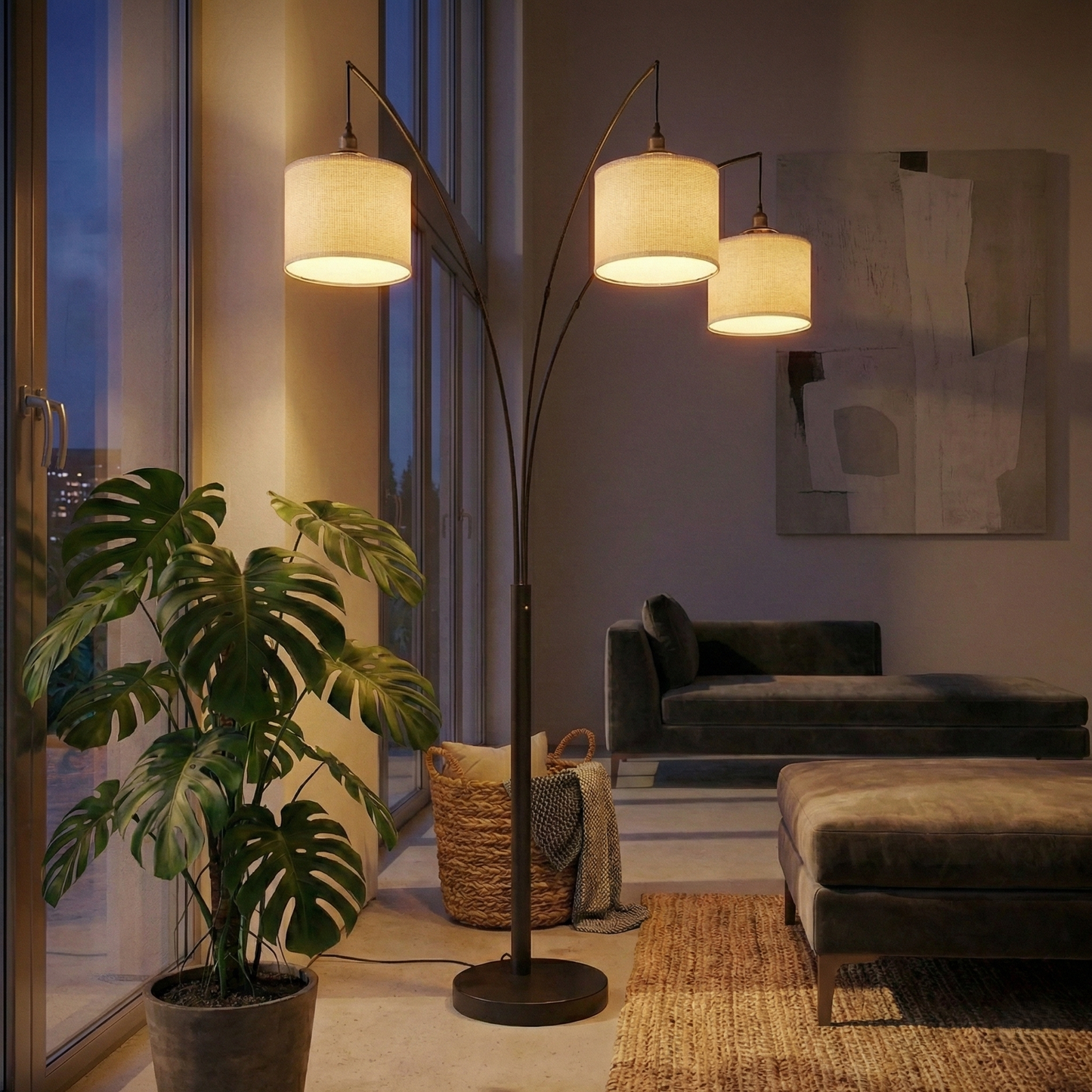 Royal 3-Arm Metal  Floor Lamp, Oil Rubbed Bonze With Linen Shade, 4 Way Rotary