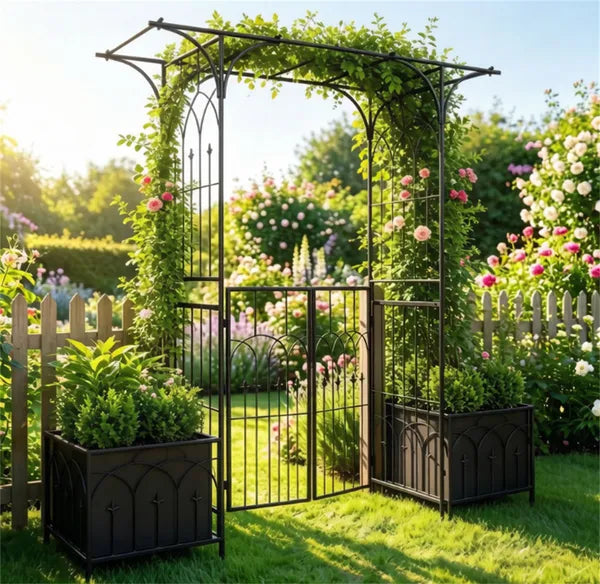 Metal Garden Arbor With Double Lockable Gate, Flat Top Garden Arch With Side Planter Boxes, Powder-Coated Climbing Plant Support