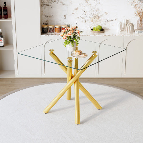 Modern Gold Bar Table With Tempered Glass Top, Sturdy Cross Metal Legs Pub Table For Home Bar, Kitchen Island, Living Room