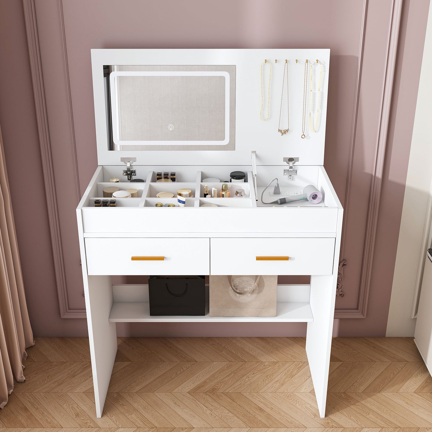Flip Top Vanity Desk With LED Lighted Mirror & Built-in Outlet - Makeup Vanity Table With 2 Drawers, Open Storage, Hooks For Jewelry No Stool Included, White