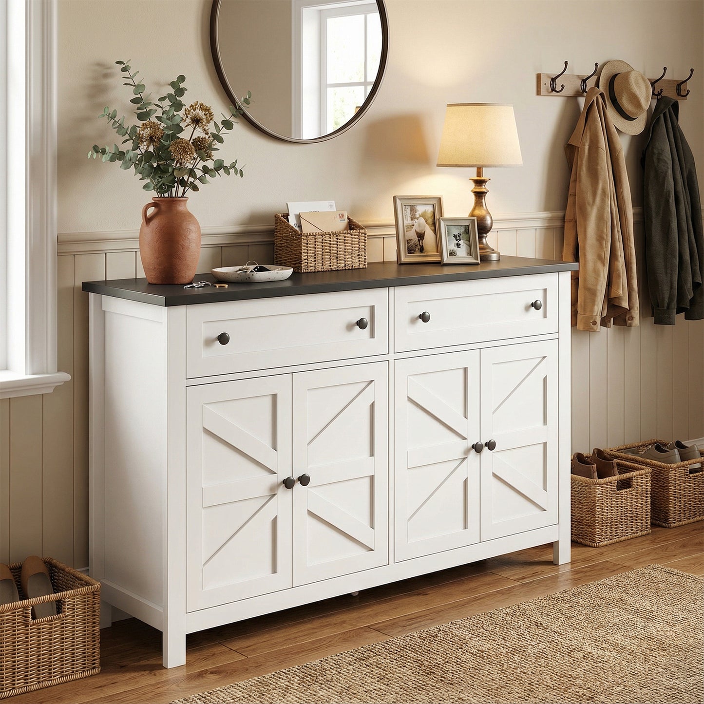 55in Sideboard Buffet Cabinet Kitchen Storage Sideboard With 2 Drawers 4 Doors Modern Farmhouse Coffee Bar Cabinet For Dining Room Living Room