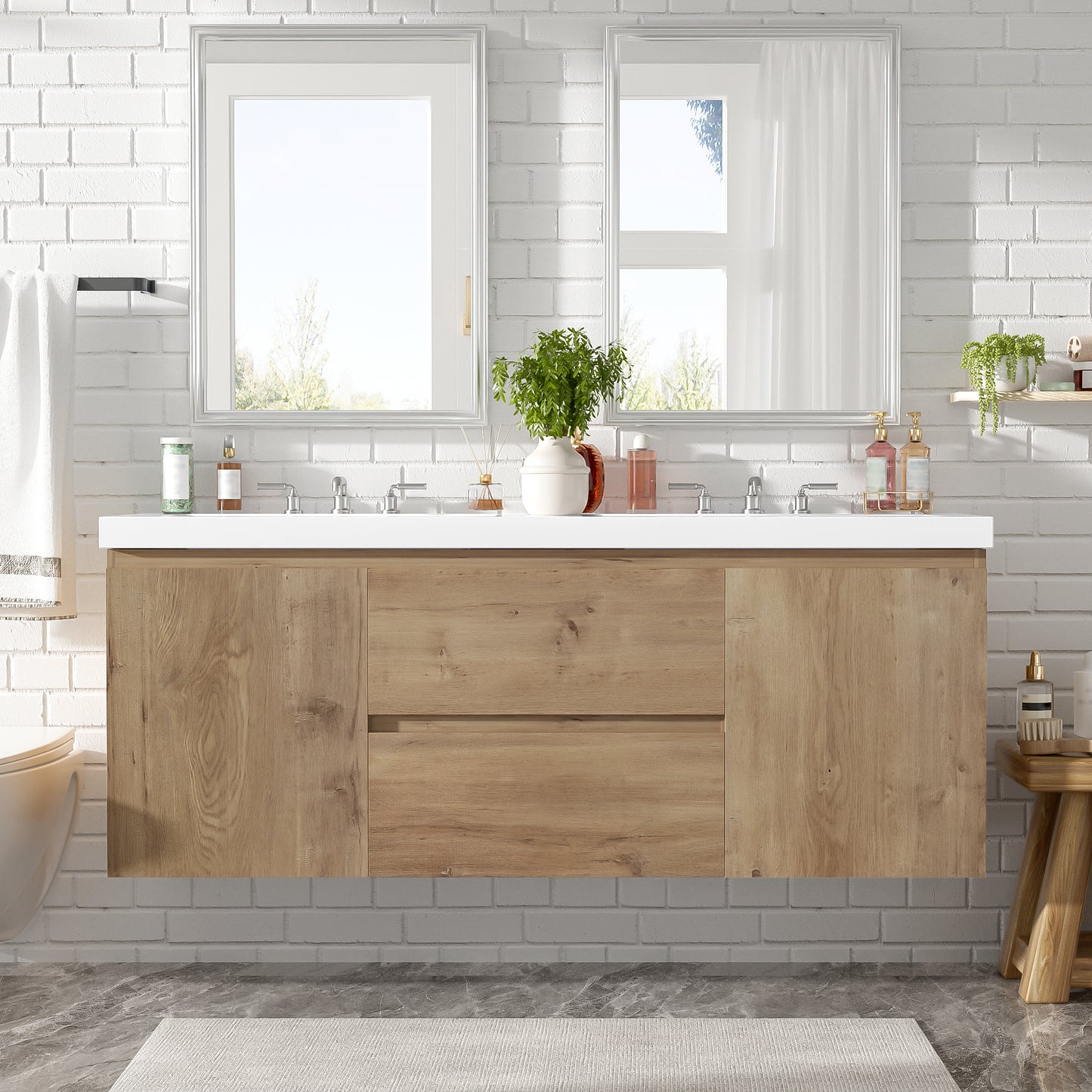 59.3 Inch Double Sink Bathroom Vanity With SMC Top, MDF Cabinet, Soft Close Doors, Divided Drawers, Wall-Mounted Modern Storage Vanity For Large Bathrooms