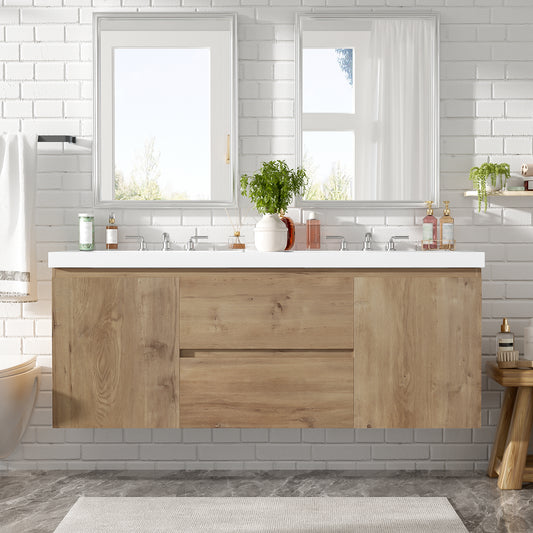 59.3 Inch Double Sink Bathroom Vanity With SMC Top, MDF Cabinet, Soft Close Doors, Divided Drawers, Wall-Mounted Modern Storage Vanity For Large Bathrooms