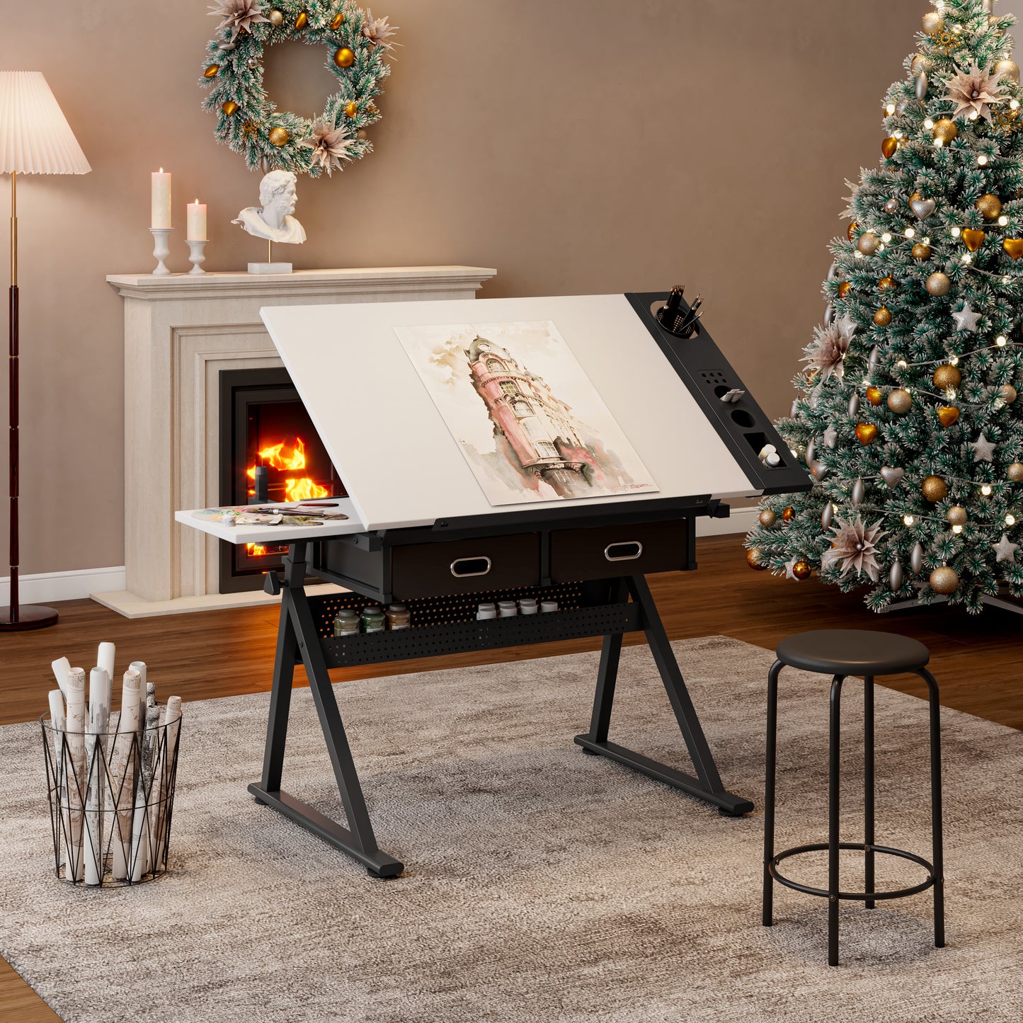 Adjustable Drawing Drafting Table Desk With 2 Drawers For Home Office And School With Stool White