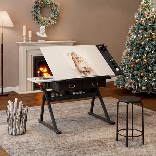 Adjustable Drawing Drafting Table Desk With 2 Drawers For Home Office And School With Stool White