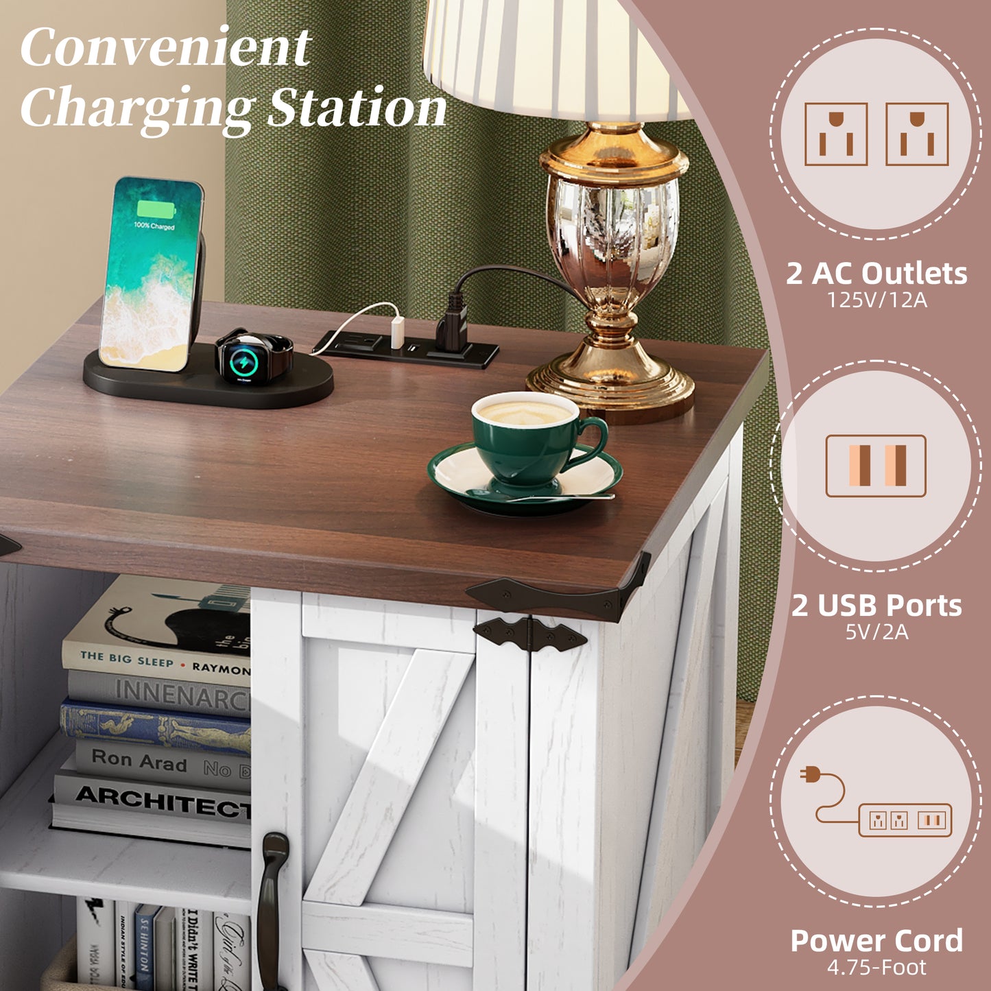 ON-TREND Farmhouse End Table With Charging Station, Rustic Wood Nightstand With Adjustable Shelf, 19.6W Versatile Walnut Sofa Side Table With Barn Doors & Retro Hinges For Bedroom, Living Room, White