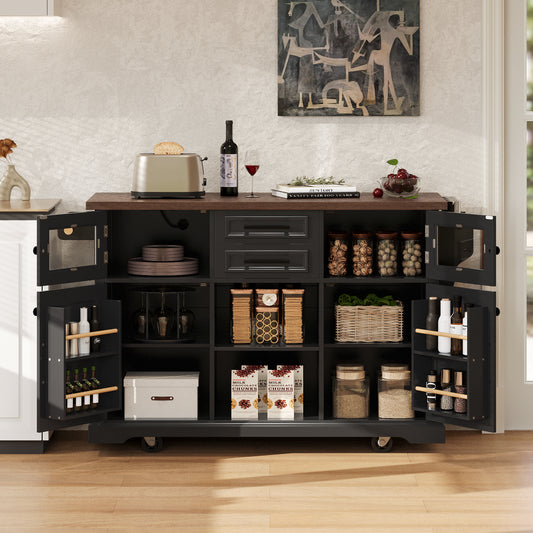 K&K 54.9  Kitchen Island With Drop Leaf, Power Outlet, Kitchen Storage Cart With 4 Door Shelves, Cross Barn Doors & Visual Glass Door, Rolling Kitchen Island On 4 Wheels For Kitchen, Dining Room,Black