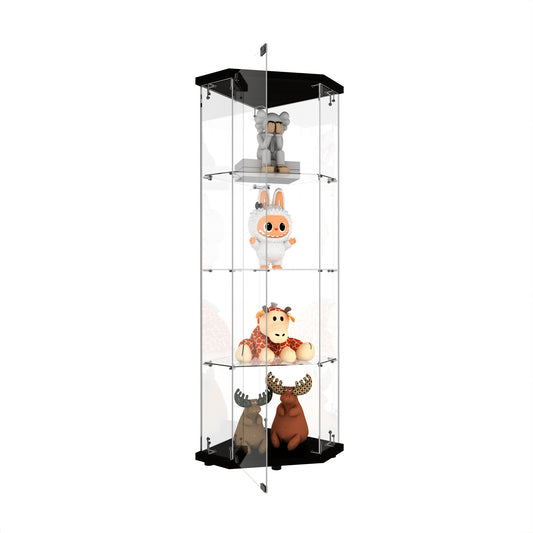 Glass Display Cabinet With 4 Shelves,Pentagon,LED,Curio Cabinets For Living Room, Bedroom, Office, Black Floor Standing Glass Bookshelf, Quick Installation