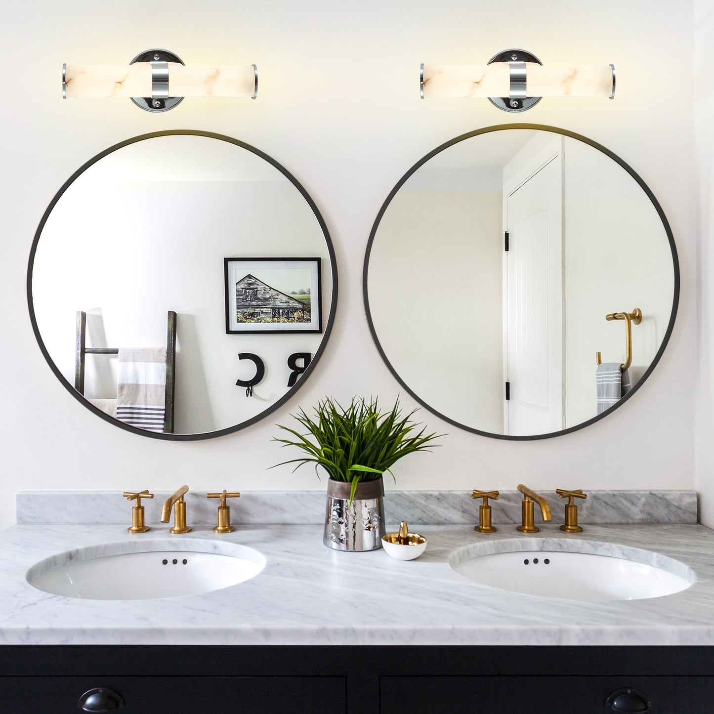 Resin Imitation Marble And Chrome Wall Sconce, Set Of 2,Modern Vertical Light Fixture For Bathrooms, Hallways, And Bedrooms  Only Indoor