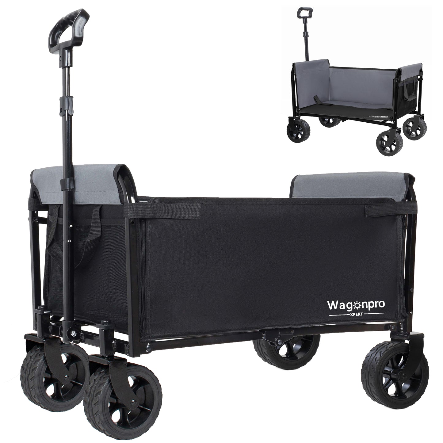 Upgraded 5x2  Wide Wheels  All- In- One Convertible Folding Trolley With Full- Side Opening & Dog Leash  Versatile Seating & Storage  220Lbs Capacity For Camping  Beach  Shopping  Black