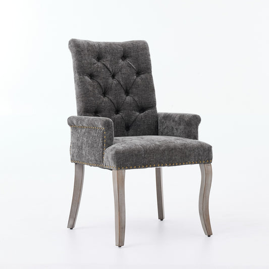 Upholstered Chenille Fabric Accent Dining Chair, Curved Solid Wood Legs, Elegant Tufted Club Dining Room Kitchen Room Arm Dining Chair, Single Pack,Gray,SW1895GY