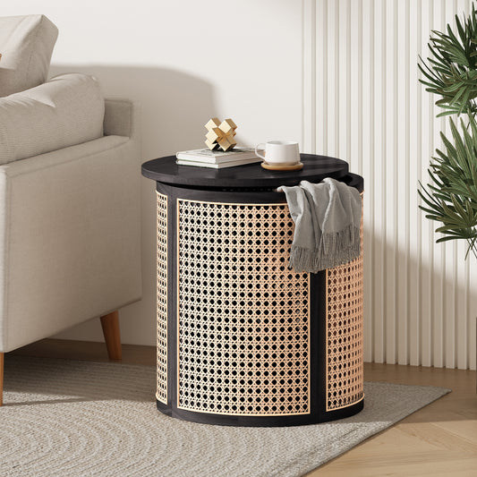 15.70  Round End Table, Hollow Woven Side Table, Small Rubber Wood Nightstand, Rattan Woven Tea Desk, Round Wood Tabletop, Chic Home Decor Desk, Easy Assembly, Black Color