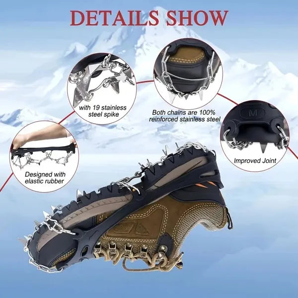Shoe Ice Claws, Traction Shoe Nails, Ice And Snow Grip Straps With 19 Stainless Steel Nails, Shoe Claws Anti-Slip Boot Nails, Suitable For Walking, Jogging, Mountaineering And Hiking Black