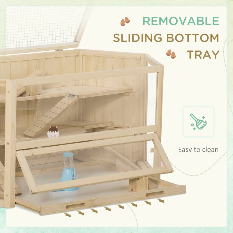Wooden Large Hamster Cage Small Animal Exercise Play House 3 Tier With Tray, Seesaws, Water Bottle, Activity Center, Natural