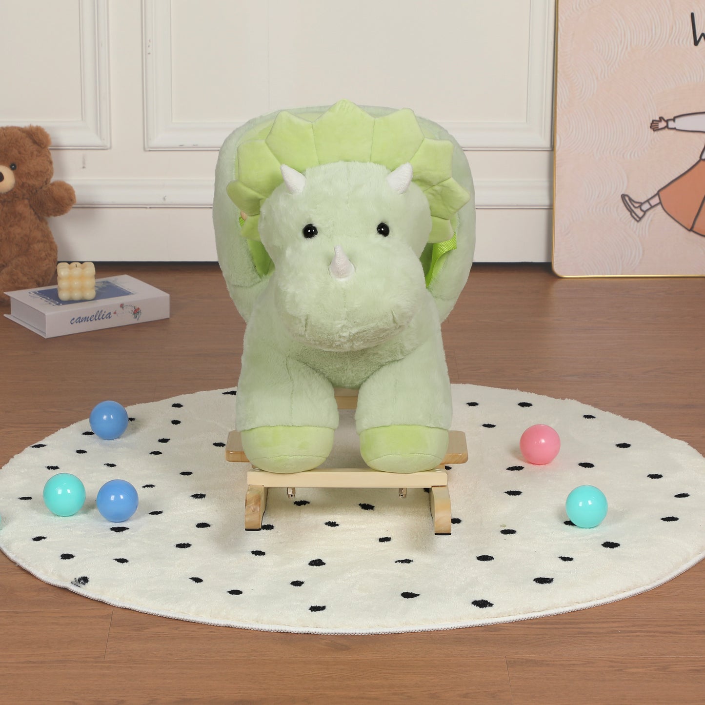 Kids Ride-On Rocking Horse Toy With Lullaby Song,Dinosaur Rocking Toy With Hand Puppets And Safety Belt For Children 1-3 Years,  Soft Plush Fabric ,Green,CPC Certified