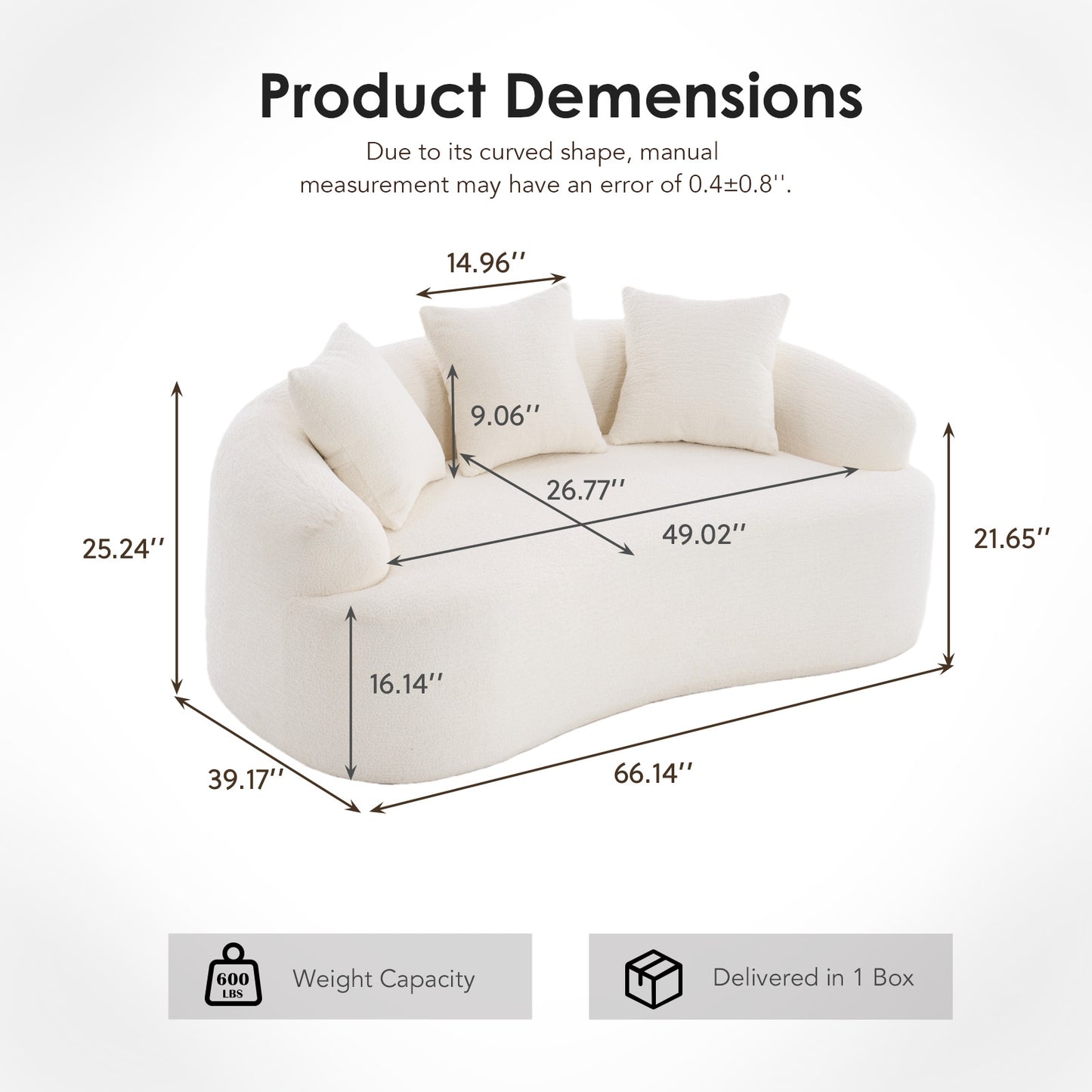 LY-025S Curved Loveseat White Full Compression Sponge Sofa  30D Chenille No-Assembly Compact Sofa For Small Spaces & Apartments  65L  300 Lbs  3 Pillows