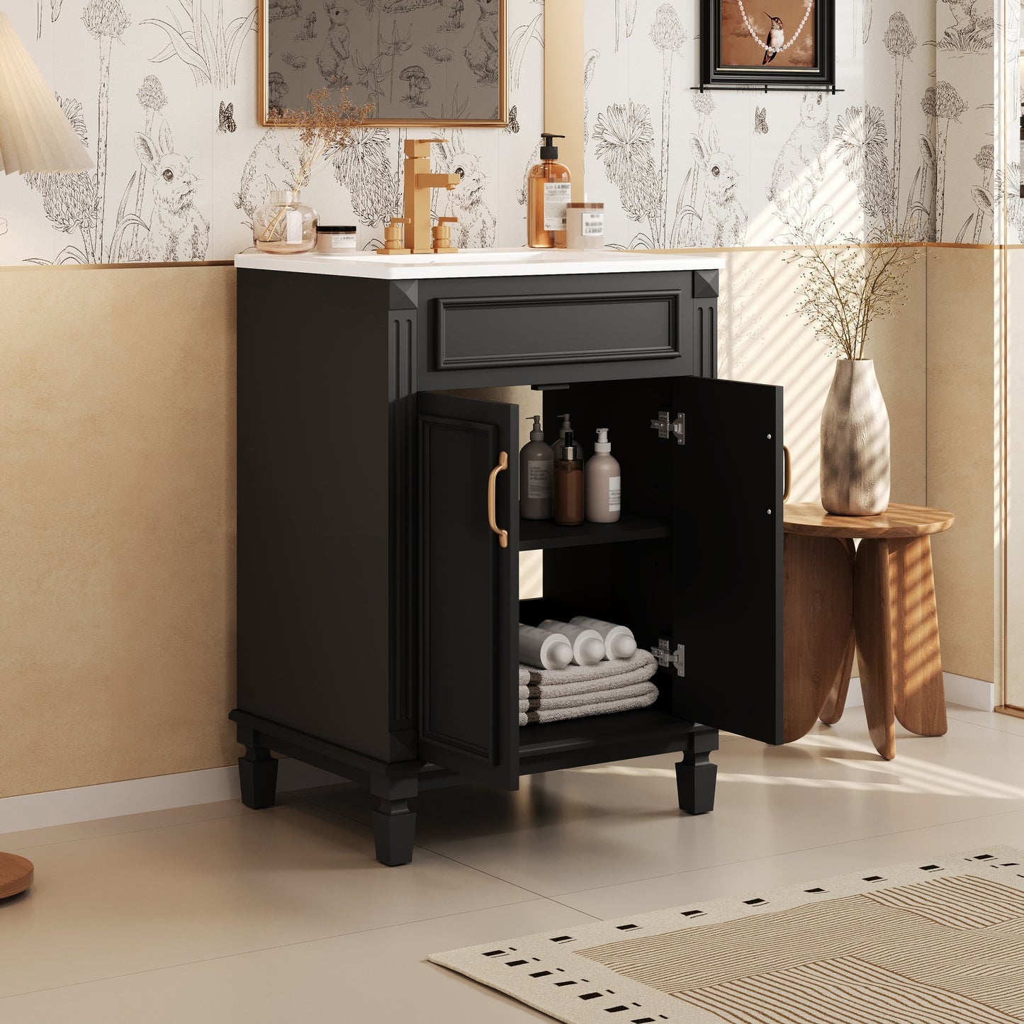 24'' Bathroom Vanity With Top Sink, Modern Bathroom Storage Cabinet With 2 Soft-Closing Doors And Adjustable Shelf, Solid Wood Frame