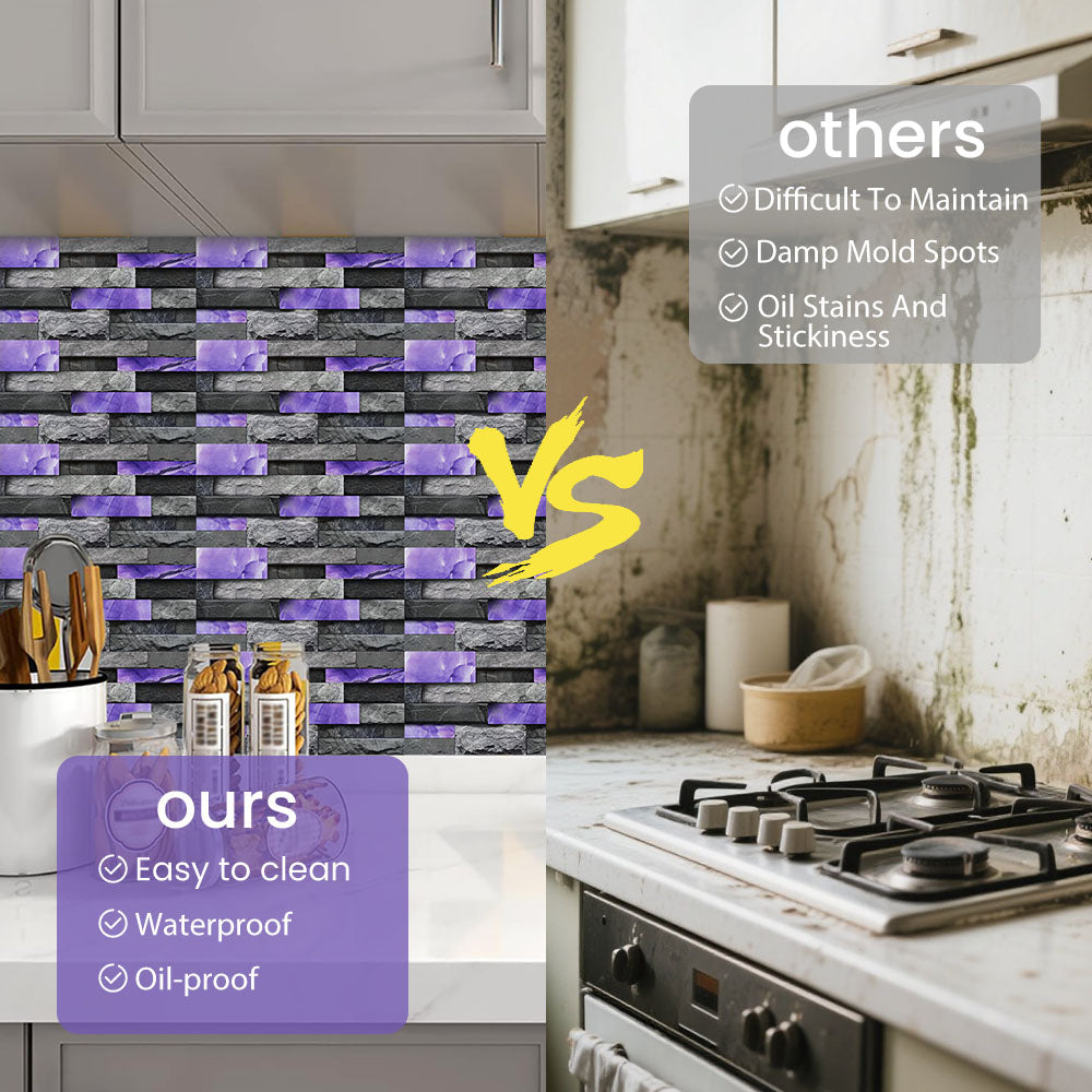 Peel And Stick Splash Proof Marble Wall Tiles, Waterproof And Oil Resistant, Purple Glossy Imitation Stone Wall Sticker