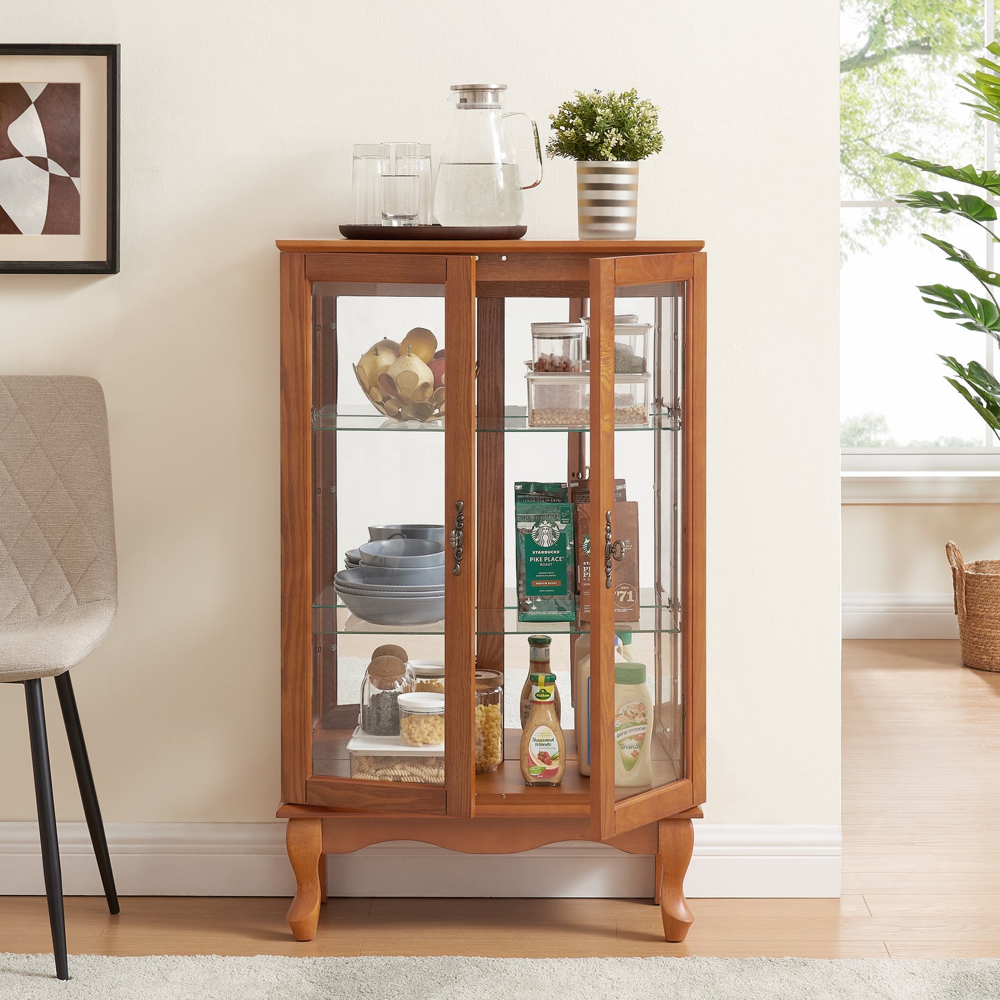 2 Doors Curio Cabinet With Tempered Glass Doors, Curio Cabinets With Mirrored Back Panel And Adjustable Shelves, Lighted Display Cabinet For Home, Office Light Bulb Included Oak
