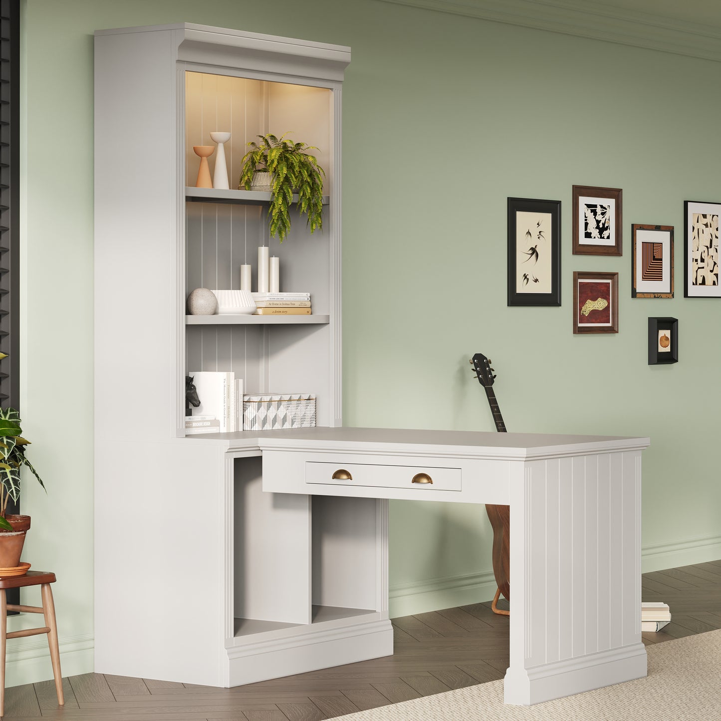 83.4Tall Bookshelf With Writing Desk, Modern Bookcase With Study Desk, Workstation With Storage Shelf,Storage Bookcase With Open Shelves And LED Lighting For Living Room,Home Office,White