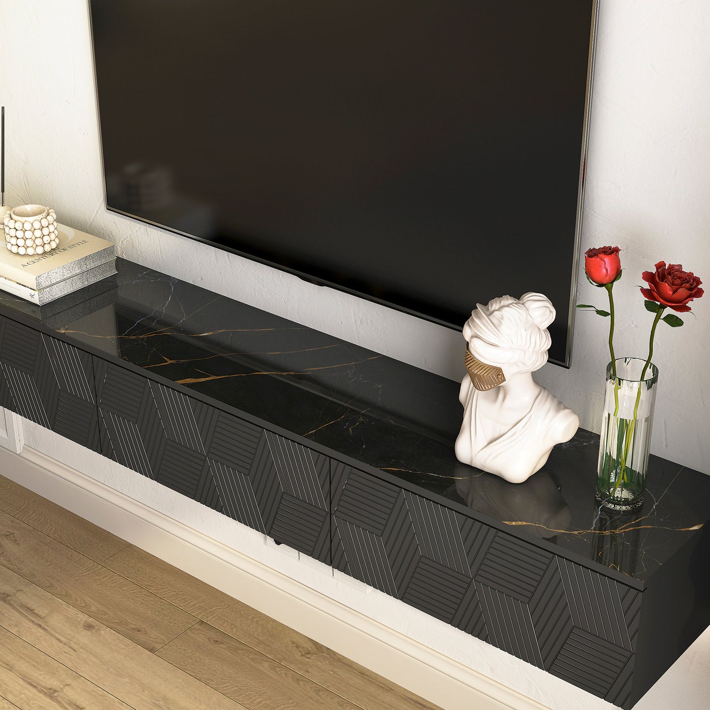 Floating TV Stand Wall Mounted With 16 Color LEDs,67  Modern TV Stand, Floating TV Cabinet Entertainment Center For 55 60 65 Inch TV,Black