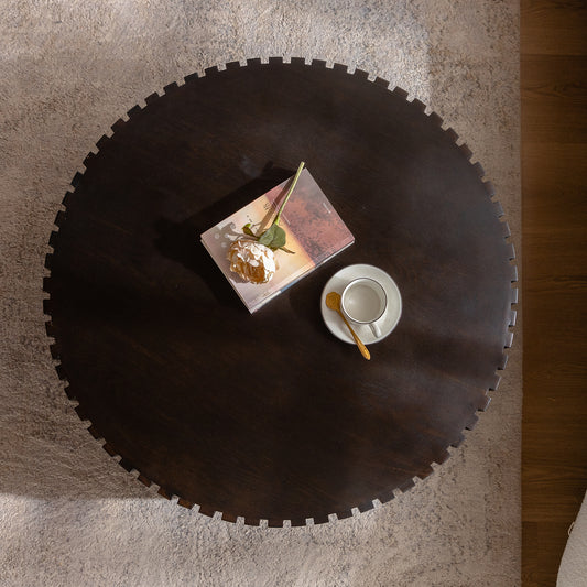 Round Coffee Table Handcrafted Relief Sturdy Pedestal Wooden Olive-Shaped Tea Table For Living Room