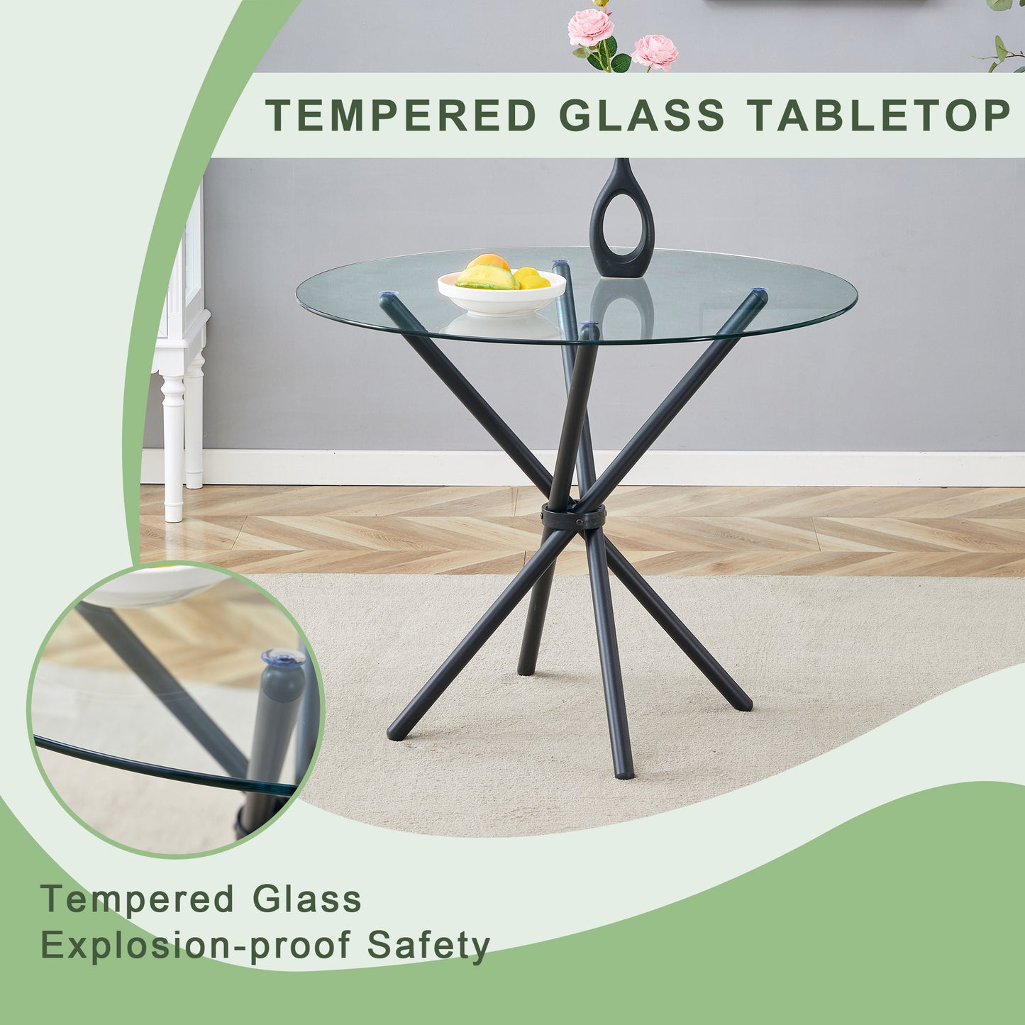 A Circular Transparent Tempered Glass Round Table With A Diameter Of 36.6 Inches,with Ring-shaped Gathered Black Metal Legs.The Desktop Glass Is 0.3 Inches Thick.W1151P294396