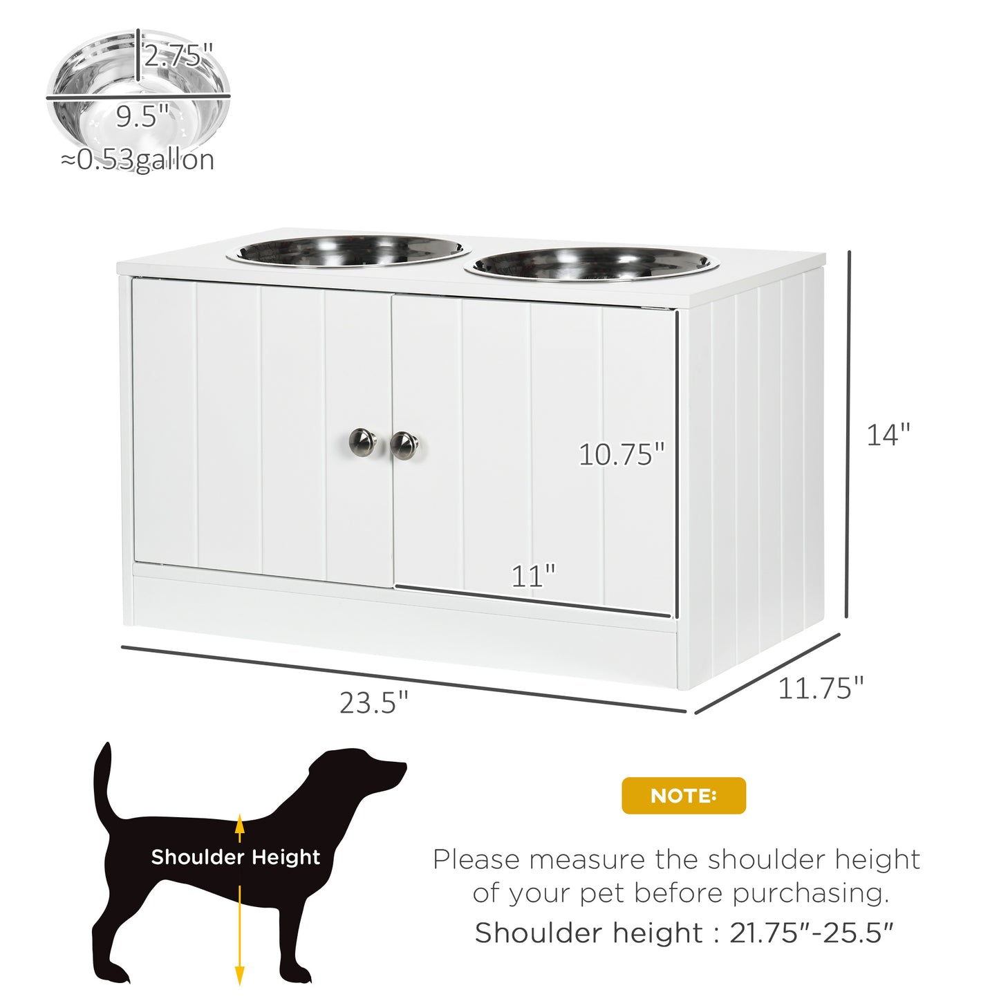 Large Elevated Dog Bowls With Storage Cabinet Containing Large 44L Capacity, Raised Dog Bowl Stand Pet Food Bowl Pet Feeding Station, White