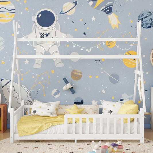 Twin House Bed With Light, Low Floor House Bed With Fence And Roof For Kids Boys Girls,WhiteExpect Arrive Date 2026 4 2  Old SKU W2593P296909