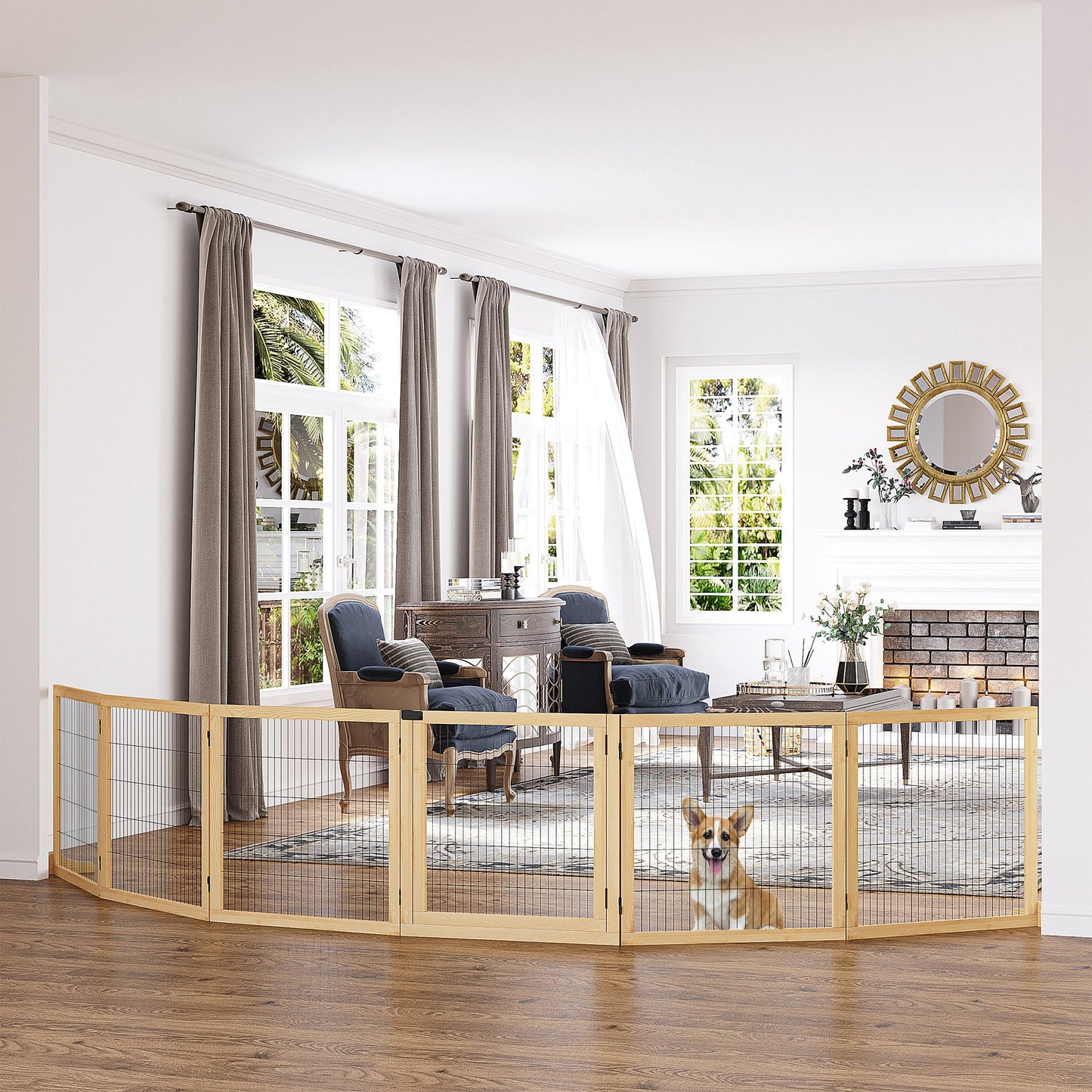 Wooden Pet Gate, 6-Panel Folding Dog Safety Barrier With Support Feet For Small & Medium Dogs, Natural Wood