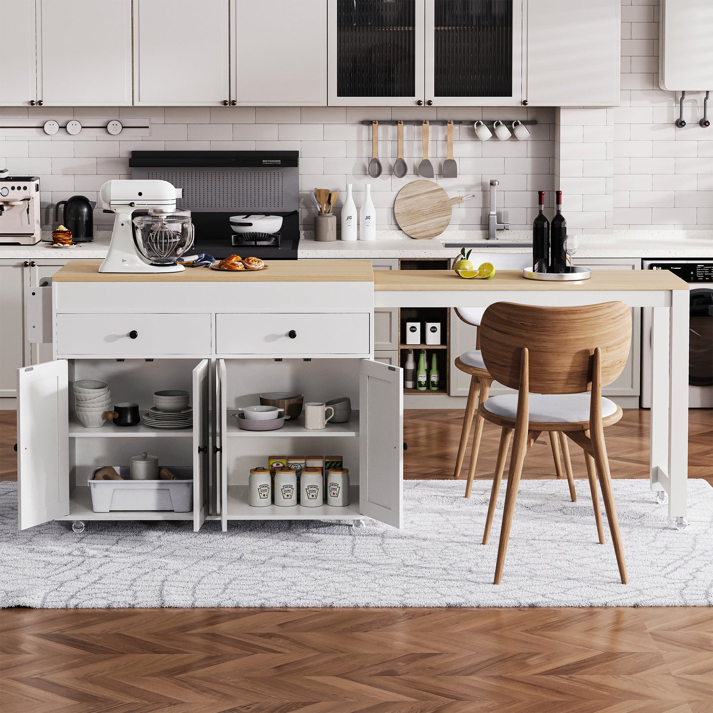 K&K 74.5 Inch Kitchen Island With Extendable Dining Table , Rolling Kitchen Island On Wheels With Spice Rack And 2 Drawers, 4 Door Cabinet, For Kitchen, Dining Room, White  One Package
