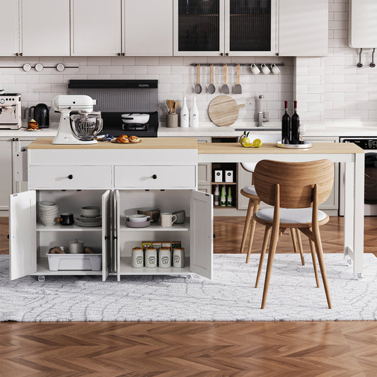 K&K 74.5 Inch Kitchen Island With Extendable Dining Table , Rolling Kitchen Island On Wheels With Spice Rack And 2 Drawers, 4 Door Cabinet, For Kitchen, Dining Room, White  One Package