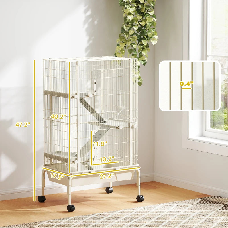47inch Small Animal Cage, 4 Levels Large Rolling Metal Ferret Cage W 5.9Deep Tray, Ramps, Water Bottle, Food Dish, Beige