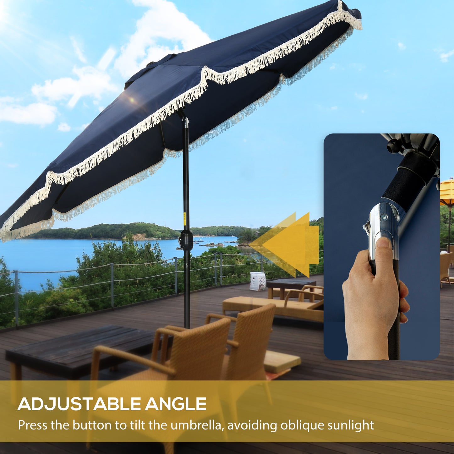 9ft Patio Umbrella Outdoor Table Umbrella W/ Tilt, Crank, Ruffled, 8 Ribs For Garden, Deck, Pool, Dark Blue