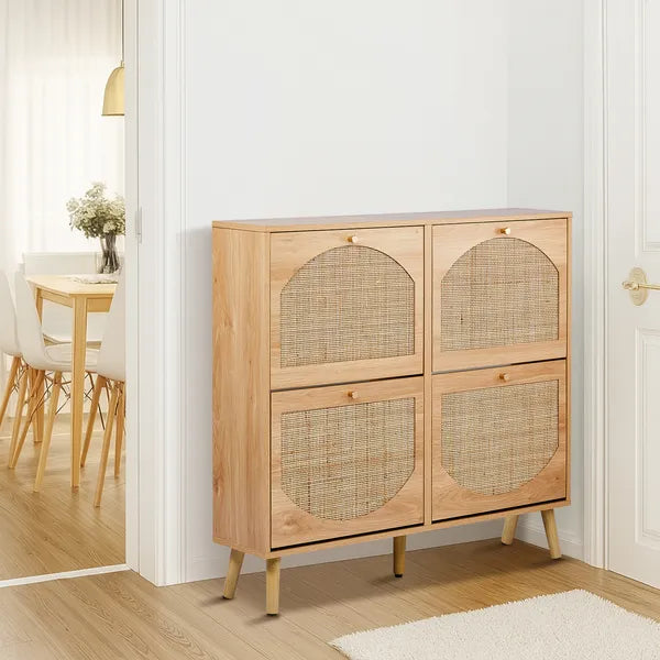 2 Rows Of 4 Dump Buckets With High Feet Arched Rattan Surface Shoe Cabinet Density Board With Triamine 105X24X98cm Original Wood Color