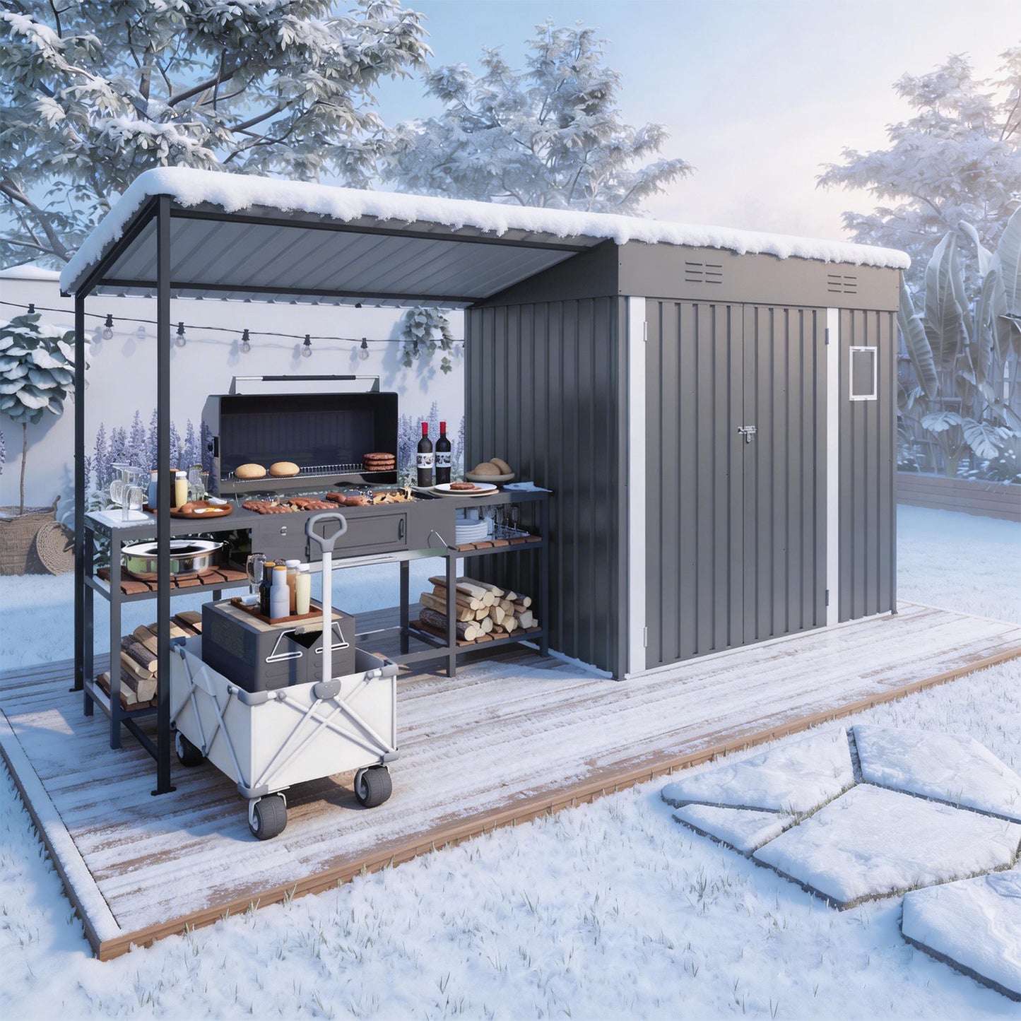 12x4ft Metal Lean To Shed With Open-Sided Pergola , 4'x6' Outdoor Storage Shed & 6'x4' Attached Hardtop Gazebo Combo, 2-in-1 Sheds & Outdoor Storage Tool Shed For Patio, Backyard,Garden
