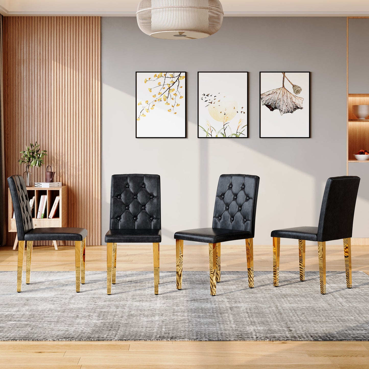 4-pack Black PU Dining Chairs Ergonomic Buckle Backrest, 35 Inches High, Golden Metal Legs,Combines Comfort And Texture.Perfectly Suitable For Family Dining Rooms, Hotel Banquet Halls,etc.