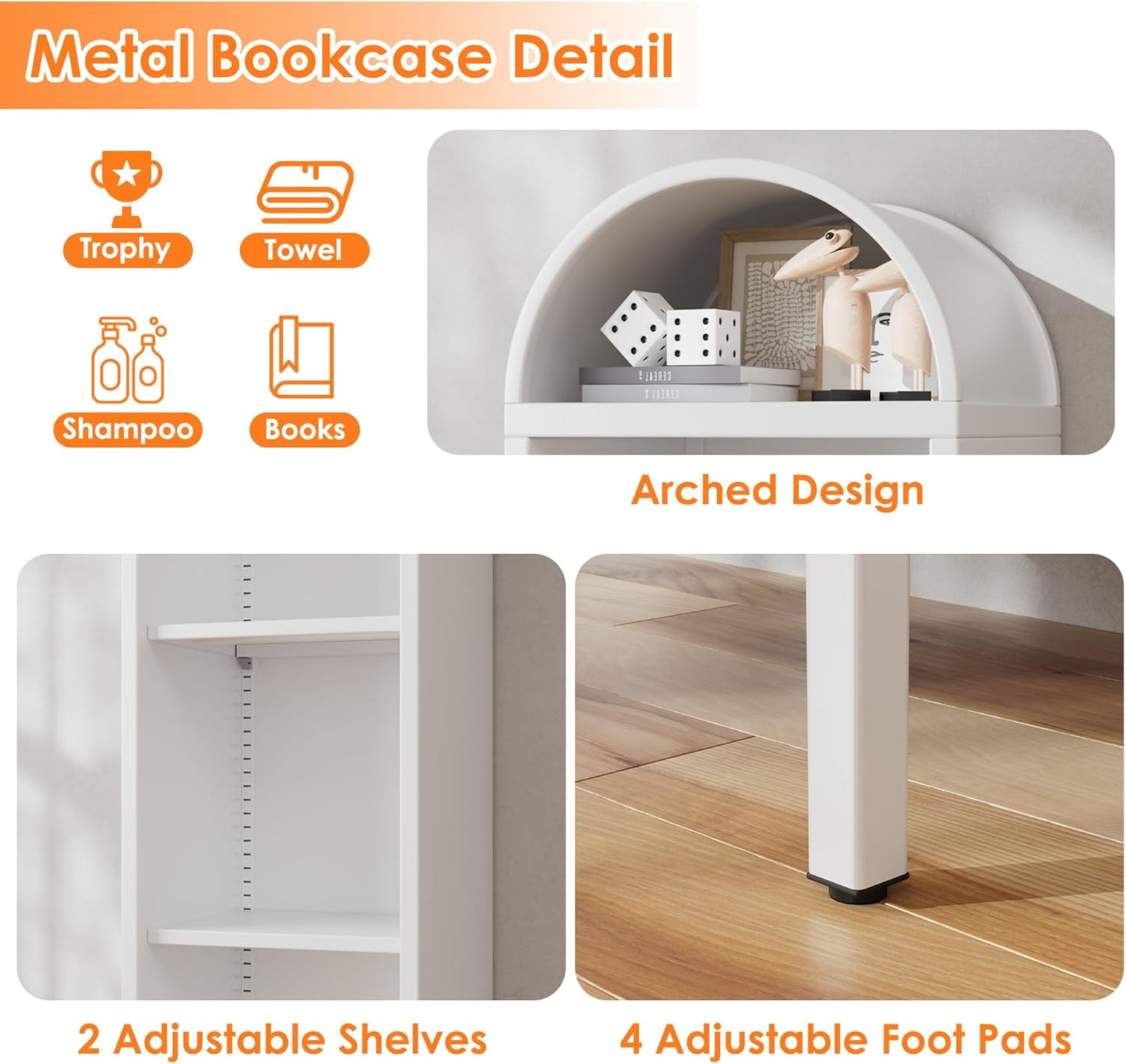 Aobabo Arch Display Bookcase With 2 Adjustable Shelves, Kitchen Pantry Storage Bookshelf For Dining Room, Home, Office, Kitchen, Study Room, Assembly Required, White