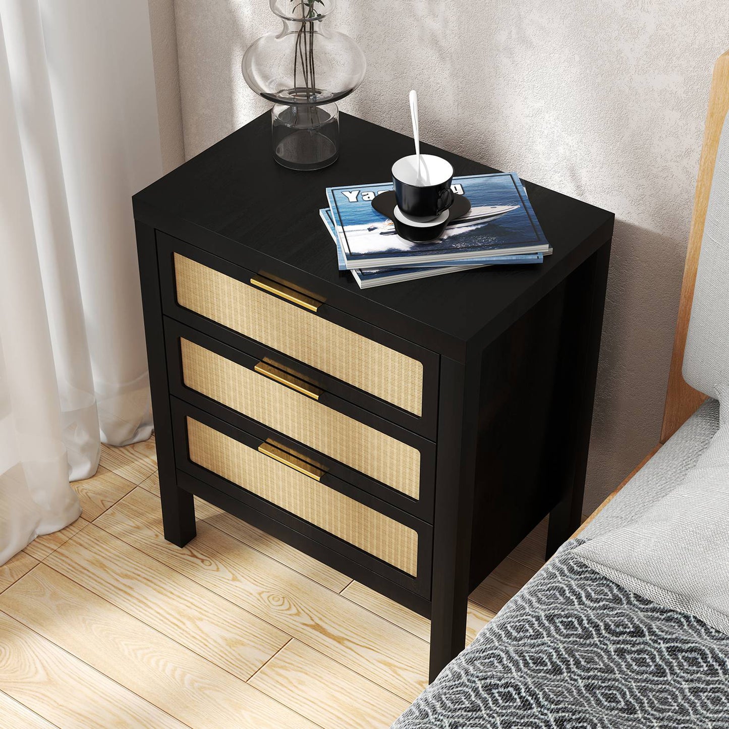 Bedside Table 3 Layers Large Capacity Storage Drawer Design Multifunctional Modern Chest Of Drawers Wooden Night Stand For Bedroom Hallway Black