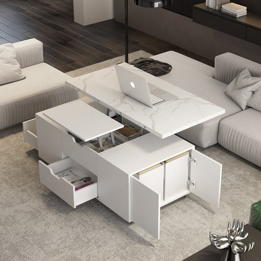 Modern Lift-Up Coffee Table With 2 Stools Set For Living Room Expandable Hidden Storage   Drawers Space Saving Folding Dining Table
