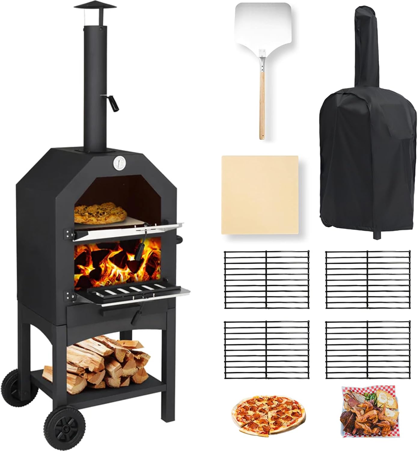 Outdoor Pizza Oven, Wood Fired Pizza Oven With Wheels For Outside, Portable Pizza Maker With Stone, Peel, Cover & Cooking Grids For Backyard, Patio, Camping, Black