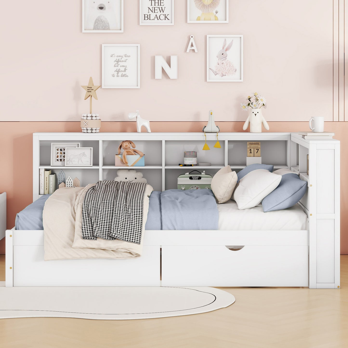 Wooden Full Size DayBed With 2 Drawers, DayBed With Storage Shelf And USB Charging Ports,White