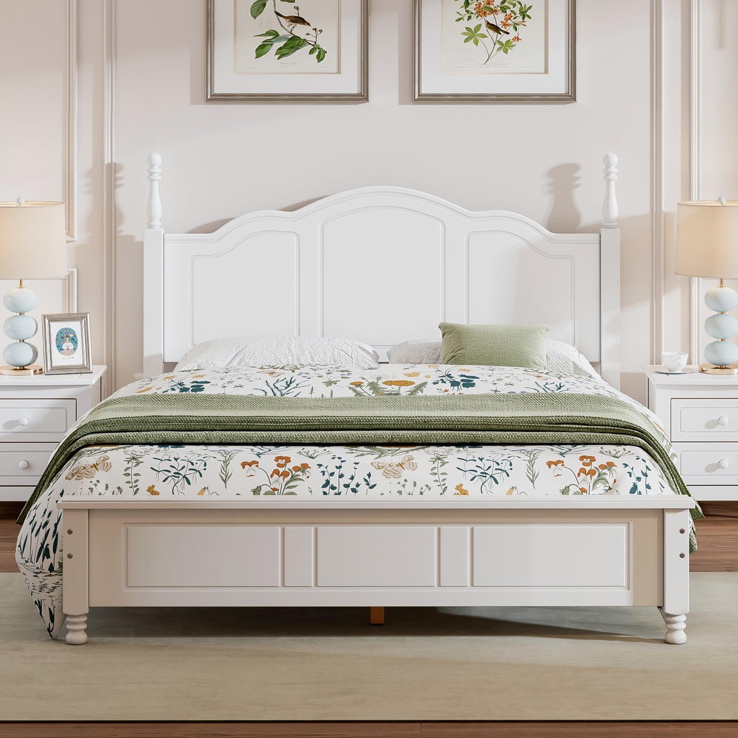 Queen Size Wood Platform Bed Frame,Retro Style Platform Bed With Wooden Slat Support,White