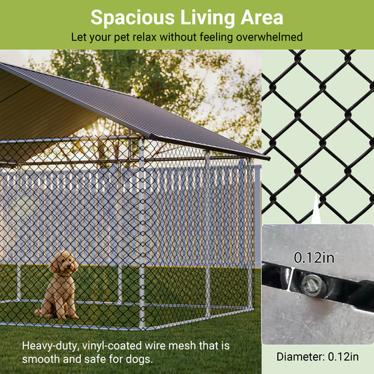 7.5'x7.5' Outdoor Heavy Duty Dog Kennel For Large Dogs, Rust-Proof Coated Wire Mesh Dog Cage With Sturdy Metal Roof, Secure Lock & All Weather Metal Enclosure