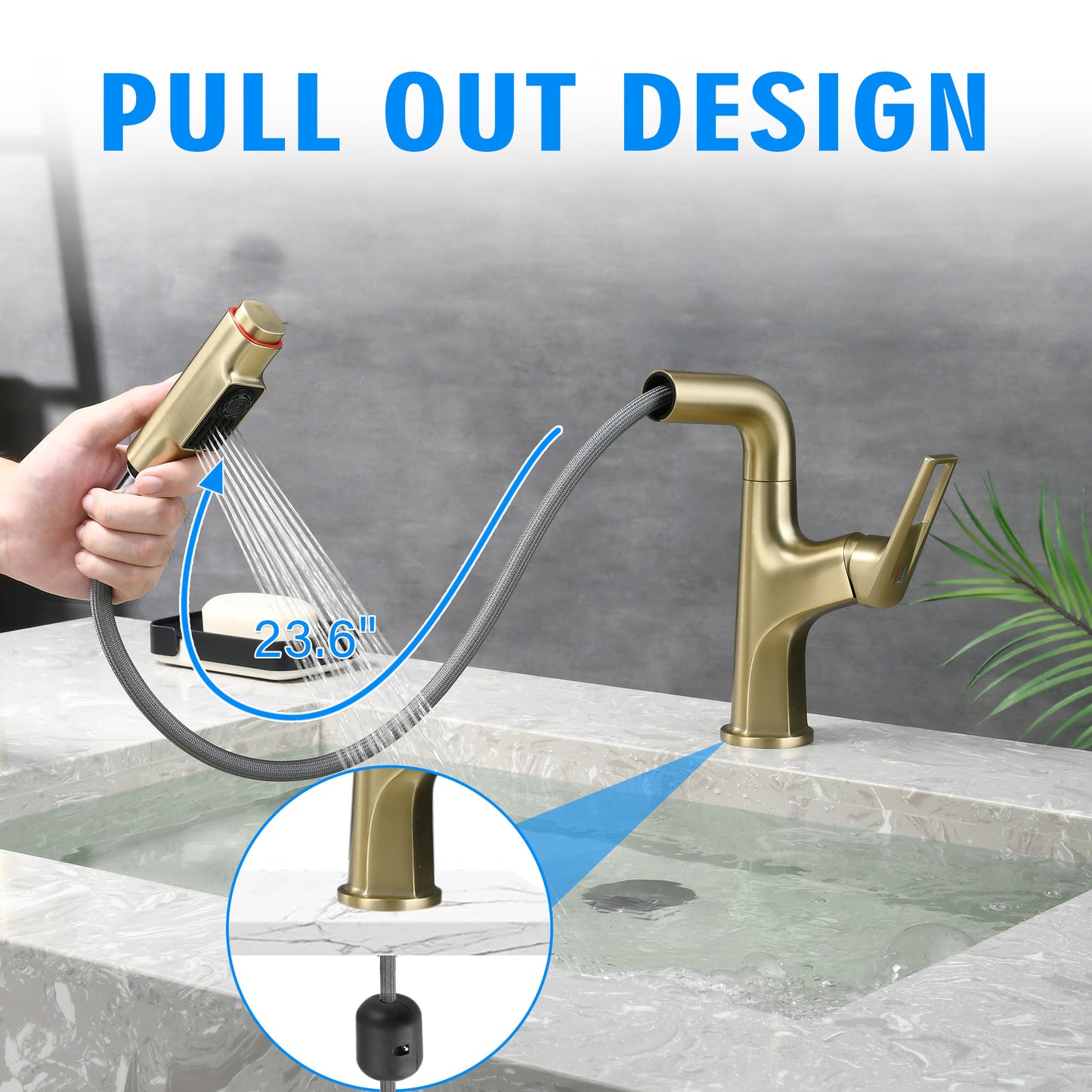 Brushed Gold Pull-Down Vessel Faucet - Single Hole Bathroom Sink Faucet With Lift Spout & Dual Spray Modes
