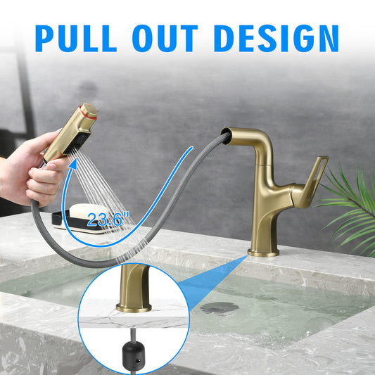 Brushed Gold Pull-Down Vessel Faucet - Single Hole Bathroom Sink Faucet With Lift Spout & Dual Spray Modes