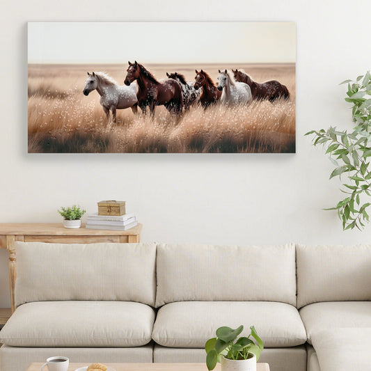 Cozy Country Rustic Horses Wall Art Decor Western Farm Equine Canvas Picture Wild Animals Walking On Empty Grassland Farmhouse Ponies Portrait Painting Artwork For Living Room Bedroom 40  X 20