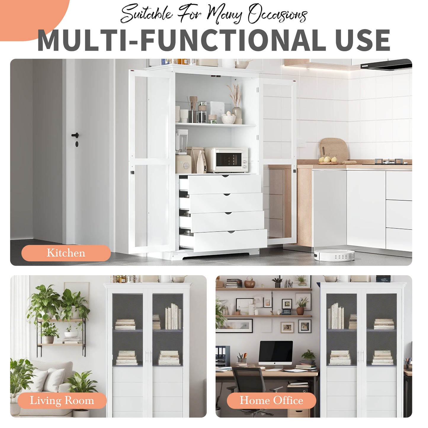 TOPMAx 44.7x20x75inch Kitchen Pantry  Freestanding Kitchen Storage Cabinet Display Cabinet With Glass Doors And 4 Built- In Drawers For Living Room  Home Office  White
